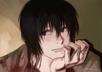  1boy black_eyes black_hair blood blood_on_clothes blood_on_hands brown_background brown_shirt closed_mouth finger_tattoo hand_on_own_chin hashtag-only_commentary highres looking_to_the_side male_focus nagumo_(sakamoto_days) ndsoda sakamoto_days shirt short_hair sideways_glance signature solo tattoo 