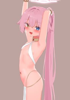  1girl absurdres alternate_costume arm_behind_head bare_shoulders blue_archive blush choker_jewel commentary_request dancer flat_chest hair_between_eyes halo harem_outfit heterochromia highres hoshino_(blue_archive) loli long_hair looking_at_viewer navel no_ahoge open_mouth pink_hair pink_halo simple_background solo standing ynaru1203 