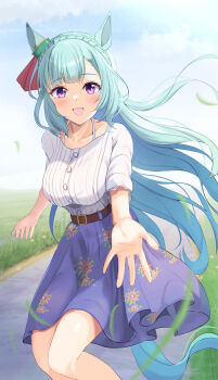  1girl animal_ears belt blue_hair blue_skirt blue_sky blush braid breasts brown_belt casual cloud collarbone commentary_request crown_braid floral_print floral_print_skirt highres horse_ears horse_girl horse_tail jewelry large_breasts long_hair long_sleeves looking_at_viewer mejiro_ardan_(casual)_(umamusume) mejiro_ardan_(umamusume) open_mouth outdoors print_skirt purple_eyes purple_skirt shirt shuten_(shutehaan) skirt sky smile solo tail umamusume white_shirt 