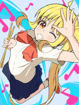  1girl abstract_background blonde_hair blue_skirt bocchi_the_rock! bow bowtie choppy_bangs commentary_request cup from_behind grin highres holding holding_cup ijichi_nijika jumping long_hair looking_at_viewer musical_note_background official_art official_wallpaper one_eye_closed pleated_skirt red_bow red_bowtie red_shoes school_uniform shimokitazawa_high_school_uniform shirt shoes short_sleeves side_ponytail skirt smile socks solo user_huhj7422 white_shirt white_socks 