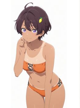  bad_tag bikini breasts brown_hair hair_ornament make_heroine_ga_oo_sugiru! marusankaku_neo orange_bikini purple_eyes small_breasts swimsuit tan yakishio_lemon  rating:General score:11 user:lawcs