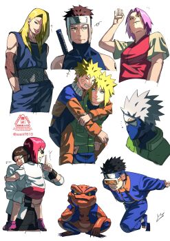  3girls 6+boys aqua_eyes bare_shoulders blonde_hair blue_headband blue_jacket blue_pants breasts brown_hair carrying child clenched_teeth commentary_request deidara_(naruto) facial_mark father_and_son finger_to_mouth flak_jacket furrowed_brow glasses goggles green_vest grey_hair grin hair_between_eyes hair_over_one_eye hands_in_own_hair hatake_kakashi headband headband_over_one_eye highres jacket jumpsuit karin_(naruto) konohagakure_shinobi_uniform konohagakure_symbol light_smile long_hair mask medium_breasts mouth_mask multiple_boys multiple_girls namikaze_minato naruto_(series) naruto_shippuuden orange_jumpsuit orange_pants pants parted_bangs piggyback pink_hair red_vest shirt short_hair sleeveless sleeveless_turtleneck smile spiked_hair sssiii7610 sword sword_on_back teeth tongue tongue_out turtleneck uchiha_obito uchiha_sarada uzumaki_naruto vest weapon weapon_on_back whisker_markings white_background white_jacket white_shirt yamato_(naruto) 