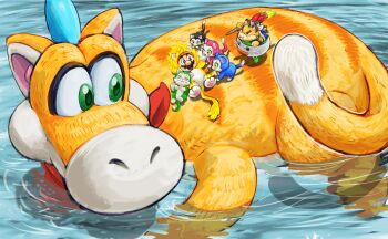  1other 2boys animal_costume animal_ears baby_animal blue_eyes bowser_jr. brown_hair cat cat_costume cat_ears cat_mario cat_tail facial_hair giga_cat_mario gloves green_eyes highres holding holding_brush junior_clown_car kitten lying male_focus mario mario_(series) multiple_boys mustache nintendo on_back open_mouth paintbrush partially_submerged plessie red_hair smile spiked_shell super_mario_3d_world super_mario_3d_world_+_bowser's_fury tail water white_gloves wide_shot yamari_(ya_mari_6363) 