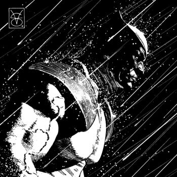  1boy artist_name bodysuit commentary english_commentary from_side highres large_pectorals male_focus marvel mask monochrome multicolored_bodysuit muscular muscular_male pectorals rain shoulder_pads signature solo solo_focus superhero_costume two-tone_bodysuit valerio_giangiordano water_drop wolverine_(x-men) x-men 