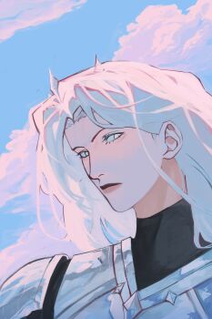  1girl absurdres armor cloud cloudy_sky commentary english_commentary grey_eyes head_tilt highres logicsterrr long_hair looking_at_viewer nephis_(shadow_slave) portrait serious shadow_slave shoulder_armor sky solo white_hair 