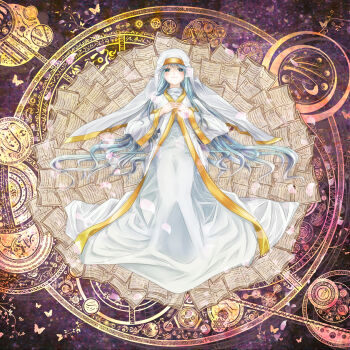  1girl blue_eyes blue_hair book cape female_focus own_hands_clasped highres hood index_(toaru_majutsu_no_index) library long_hair magic_circle matching_hair/eyes own_hands_together robe smile solo toaru_majutsu_no_index wolf025  rating:Sensitive score:14 user:danbooru