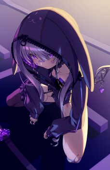  1girl 70m4444 absurdres animal_ears bandaid bandaid_on_cheek bandaid_on_face bandaid_on_knee bandaid_on_leg bandaid_on_nose fake_animal_ears from_above hashtag-only_commentary highres hololive hololive_english hood hood_up hoodie koseki_bijou long_sleeves looking_at_viewer looking_up outdoors purple_eyes purple_hoodie solo squatting virtual_youtuber zipper zipper_pull_tab 