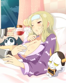  1girl :p ambiguous_red_liquid animal_print bat_(animal) bat_print bed bedroom blonde_hair blue_eyeshadow blush body_blush breasts checkered_wall cleavage cold_pack collarbone curtains dripping eyeshadow gessen_academy_school_uniform hair_ornament hairclip hannya holding large_breasts long_hair looking_at_another makeup mask medicine mole mole_under_mouth night night_sky nightstand noh_mask official_art one_eye_closed oni_mask open_mouth pajamas pillow pink_pillow purple_pajamas purple_shirt red_eyes school_uniform senran_kagura senran_kagura_new_wave senran_kagura_shinovi_versus shiki_(senran_kagura) shirt sick sky spill star_(sky) starry_sky tongue tongue_out under_covers unworn_mask window wiping_breasts 