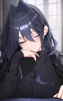  1girl absurdres black_dress black_hair braid breasts closed_eyes closed_mouth commentary curtains day double-parted_bangs dress english_commentary facing_viewer hair_between_eyes hair_intakes highres hololive hololive_english indoors juliet_sleeves large_breasts long_sleeves low_twin_braids official_alternate_costume ouro_kronii ouro_kronii_(maid) puffy_sleeves sidelocks solo twin_braids virtual_youtuber wavy_mouth window yoellim5 