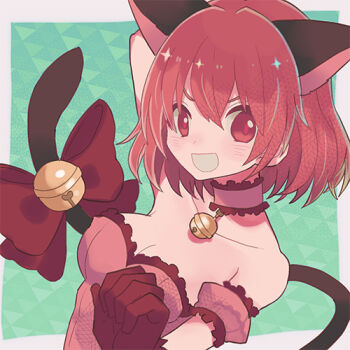  1girl animal_ears bell blush border bow breasts cat_ears cat_girl cleavage dress gloves green_background lowres magical_girl medium_breasts mew_ichigo miwasiba momomiya_ichigo neck_bell outside_border pink_dress pink_eyes pink_gloves pink_hair red_bow smile solo tail tail_bell tail_ornament teeth tokyo_mew_mew white_border  rating:Sensitive score:7 user:danbooru