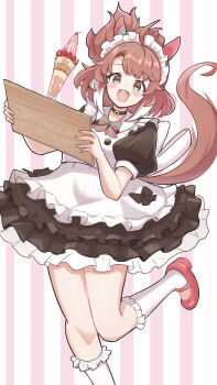  1girl :d absurdres ahoge alternate_costume animal_ears apron black_bow black_choker black_dress bow brown_eyes brown_hair cherry choker colored_tips commentary_request dantsu_flame_(umamusume) dress ear_covers enmaided food fruit highres holding holding_tray horse_ears horse_girl horse_tail kneehighs looking_at_viewer maid maid_apron maid_headdress mary_janes medium_hair multicolored_hair open_mouth parfait pink_background puffy_short_sleeves puffy_sleeves red_shoes shoes short_sleeves smile socks solo standing standing_on_one_leg strawberry striped_background striped_bow sunanuko_(ramuneko) tail teeth tray two-tone_background umamusume upper_teeth_only vertical-striped_background white_apron white_hair white_socks 