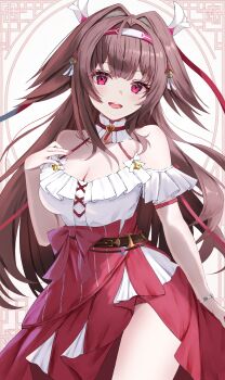  1girl animal_ear_fluff animal_ears armband bare_shoulders blush bracelet breasts brown_hair cleavage collar collarbone commentary_request cowboy_shot cross-laced_clothes cross-laced_top droopy_ears file112056 frilled_armband frilled_collar frilled_shirt frills hairband high-waist_skirt highres jewelry large_breasts long_hair long_skirt looking_at_viewer multicolored_hairband official_alternate_costume open_mouth red_eyes red_hairband red_nails red_skirt shirt skirt solo very_long_hair white_armband white_background white_hairband white_shirt ye_shunguang ye_shunguang_(touch_of_dawnlight) zenless_zone_zero 