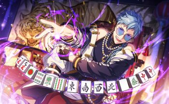  1boy asch_albright black_gloves gloves grey_hair helios_rising_heroes highres jacket jewelry mahjong mahjong_tile male_focus necklace official_art open_mouth orange_eyes pants ring round_eyewear shirt sitting sleeveless smile solo sunglasses teeth tiger tinted_eyewear white_pants 