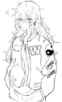  1girl absurdres alternate_costume bandaid bandaid_on_face closed_mouth commentary contemporary cross cross_earrings deburi276 ear_piercing earrings english_commentary greyscale hands_in_pockets highres jacket jewelry kirisame_marisa long_hair looking_at_viewer monochrome mushroom necklace no_headwear open_clothes open_jacket pants pendant piercing sketch solo squiggle star_(symbol) star_print touhou yin_yang yin_yang_print 