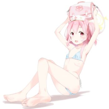 1girl armpits arms_up bad_id bad_twitter_id bag barefoot bikini blue_archive blue_bikini blurry blurry_foreground blush commentary_request feet flat_chest full_body hair_ribbon halo hat holding knees_together_feet_apart kokekokko_coma legs medium_hair nurse_cap open_mouth pink_eyes pink_hair pink_ribbon ribbon serina_(blue_archive) shadow shoulder_bag side-tie_bikini_bottom side_ponytail simple_background soles solo swimsuit thighs toes white_background rating:Sensitive score:33 user:danbooru