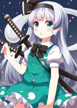  1girl :o alternate_hair_length alternate_hairstyle black_bow black_bowtie black_hairband blue_background blue_eyes blunt_ends blush bow bowtie collared_shirt commentary_request cowboy_shot frilled_skirt frills gradient_background green_skirt green_vest grey_hair hairband highres hitodama_print konpaku_youmu konpaku_youmu_(ghost) long_hair looking_at_viewer open_mouth print_skirt print_vest ruu_(tksymkw) shirt short_sleeves skirt skirt_set solo sword touhou vest weapon white_shirt 