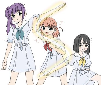  3girls aqua_eyes aqua_neckerchief arm_at_side arm_up black_hair blue_dress blunt_bangs blunt_ends blush cerise_bouquet clenched_hands commentary crossed_bangs dress embarrassed feet_out_of_frame flying_sweatdrops green_eyes hair_bun hair_ornament hasu_no_sora_school_uniform highres hinoshita_kaho letter_pose link!_like!_love_live! llkapital long_hair looking_at_viewer love_live! medium_dress medium_hair momose_ginko multiple_girls neckerchief orange_hair otomune_kozue outstretched_arm parted_lips pleated_dress puffy_short_sleeves puffy_sleeves purple_hair rabbit_hair_ornament red_neckerchief sailor_collar sailor_dress school_uniform short_hair short_sleeves side_ponytail sidelocks simple_background single_side_bun sparkle summer_uniform two_side_up virtual_youtuber wavy_mouth white_background white_sailor_collar yellow_neckerchief 