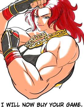 1girl 2023 alternate_hairstyle bare_arms black_gloves breasts capcom chain clenched_hands closed_mouth collarbone commentary cropped_torso english_commentary english_text female_focus fingerless_gloves gloves gold_chain green_eyes gutsbro14 hair_flaps hand_wraps light_smile long_hair looking_at_viewer marisa_(street_fighter) medium_breasts muscular muscular_female pink_lips red_hair simple_background solo street_fighter street_fighter_6 upper_body variant_set wavy_hair white_background