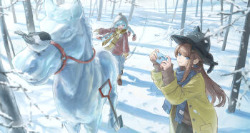  2girls animal_hat bird black_hat black_pants blue_eyes blue_hair blue_pants blue_scarf brown_hair brown_shoes brown_sweater cat_hat cellphone chullo closed_eyes commentary_request forest grey_hat hat highres holding holding_phone horse jacket long_hair multiple_girls nature open_mouth original pants paserin_ekaku phone red_jacket scarf scenery shoes shovel smartphone smile snow snow_sculpture snowball sweater taking_picture winter yellow_jacket 