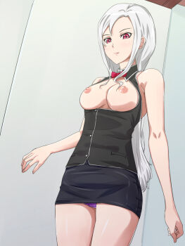  1girl bow bowtie breastless_clothes breasts breasts_out days_of_memories female_focus framed_breasts ichihisa long_hair medium_breasts miniskirt nipples panties pantyshot red_eyes shizuku_misawa silver_hair skirt snk solo standing underwear upskirt 