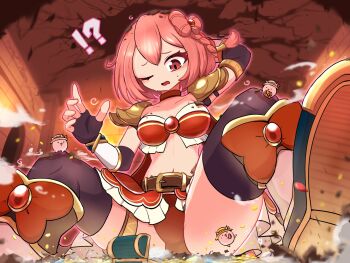  1girl belt black_gloves braid breasts brown_belt brown_hat cat_(nyanko_daisensou) collarbone commentary_request fingerless_gloves giant giantess gloves hat highres indoors kanna_(nyanko_daisensou) large_breasts midriff navel nyanko_daisensou one_eye_closed open_mouth pink_hair red_eyes ryus66380790 short_hair single_braid sitting treasure_chest 