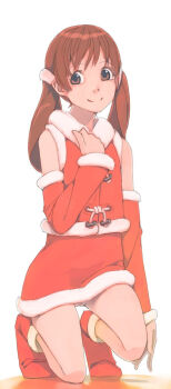  1girl akinbo_(hyouka_fuyou) boots brown_eyes brown_hair detached_sleeves female_focus full_body fur-trimmed_boots fur-trimmed_shirt fur-trimmed_skirt fur-trimmed_sleeves fur_trim hair_ornament highres long_hair long_sleeves looking_at_viewer miniskirt no_panties nude_filter on_one_knee pencil_skirt precure precure_all_stars precure_all_stars_new_stage:_mirai_no_tomodachi pussy red_boots red_shirt red_skirt red_sleeves sakagami_ayumi santa_boots santa_costume shirt simple_background skirt sleeveless sleeveless_shirt smile solo third-party_edit twintails white_background 