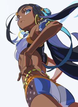  1girl absurdres aqua_hair armlet ass belly_chain bike_shorts bikini black_hair blue_eyes blue_eyeshadow breasts cropped_legs dark-skinned_female dark_skin earclip earrings eyeshadow hair_bun highres hoop_earrings jewelry long_hair makeup medium_breasts multicolored_hair necklace nessa_(pokemon) nintendo pokemon pokemon_swsh single_hair_bun swimsuit tankini two-tone_hair yoneyama_mai  rating:Sensitive score:48 user:danbooru