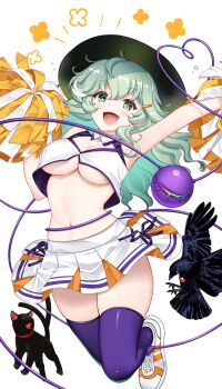  1girl :d alternate_costume bird black_cat black_hat breasts cat cheerleader cleavage commentary_request crop_top crow flower_symbol full_body green_eyes green_hair happy_aura hat hataraki_kuma heart heart_in_eye highres jumping kaenbyou_rin kaenbyou_rin_(cat) komeiji_koishi long_hair medium_breasts miniskirt open_mouth pleated_skirt pom_pom_(cheerleading) purple_thighhighs reiuji_utsuho reiuji_utsuho_(bird) shirt shoes simple_background skirt smile sneakers symbol_in_eye thighhighs touhou underboob variant_set white_background white_shirt white_shoes white_skirt zettai_ryouiki 