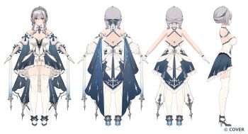  1girl armor armored_dress blue_dress bow breasts cleavage_cutout clothing_cutout commentary_request copyright_name cross-laced_clothes cross-laced_dress detached_sleeves double-parted_bangs dress footwear_bow frilled_dress frills full_body gloves green_eyes grey_hair hair_between_eyes half_updo halter_dress halterneck high-low_dress highres hololive large_breasts multiple_views official_alternate_costume official_alternate_hairstyle official_art shirogane_noel shirogane_noel_(princess_knight) short_dress short_hair sidelocks simple_background sleeve_slit strappy_heels thighhighs three-quarter_sleeves tiara turnaround virtual_youtuber watao wavy_hair white_background white_dress white_gloves white_thighhighs 