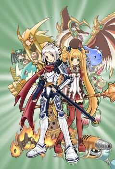  1boy 1girl armor black_eyes black_gloves black_pants black_thighhighs blonde_hair boots bracer character_request closed_mouth commentary_request creature dragon dylan_will_delteana elbow_gloves fingerless_gloves fire gloves green_eyes hair_rings holding holding_sheath holding_staff holding_sword holding_weapon long_hair miniskirt monster official_art okano_takeshi open_mouth pants phara_mir_celestia pleated_skirt puffy_short_sleeves puffy_sleeves red_boots red_scarf red_skirt red_sleeves scarf sheath sheathed shirt short_hair short_sleeves shoulder_armor skirt smile staff summon_night summon_night_x sword thigh_boots thighhighs twintails unicorn very_long_hair weapon white_boots white_hair white_shirt wings 