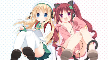  2girls :< :d ahoge animal_ears backpack bag bandaid bandaid_on_knee bandaid_on_leg beret blonde_hair blue_eyes blush bow cat_ears cat_tail covering_privates covering_crotch drill_hair fake_animal_ears fang flat_chest frown hair_bow hair_ornament hair_ribbon hat hazuki_watora headphones highres hood hoodie kani_biimu long_hair long_sleeves multiple_girls naked_hoodie off_shoulder open_clothes open_mouth original pleated_skirt polka_dot polka_dot_background purple_eyes randoseru red_hair ribbon sandals school_uniform serafuku shimotsuki_potofu shoes short_twintails sitting skirt sleeves_past_wrists smile stylus tablet tail thighhighs twin_drills twintails two_side_up very_long_hair white_background white_legwear  rating:Questionable score:68 user:BlueBaroness