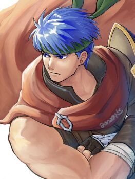  1boy aonagimay blue_eyes blue_hair cape fire_emblem fire_emblem:_radiant_dawn green_headband headband highres ike_(fire_emblem) male_focus muscular muscular_male nintendo short_hair solo 