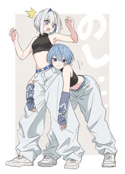  2girls ^^^ alternate_costume amane_kanata arm_warmers baggy_pants belt black_shirt blue_belt blue_eyes blue_hair blush breasts cheek_squash closed_mouth colored_inner_hair commentary cropped_shirt full_body grey_background highres hololive hoshimachi_suisei leaning_on_person legs_apart looking_at_another looking_at_viewer looking_down multicolored_hair multiple_girls official_alternate_hair_length official_alternate_hairstyle open_mouth pants shirt shoes short_hair simple_background single_hair_intake sleeveless sleeveless_shirt small_breasts smile sneakers sound_effects standing stomach surprised tauyoshi728 translated turtleneck turtleneck_shirt two-tone_hair virtual_youtuber white_footwear white_hair white_pants  rating:General score:11 user:danbooru