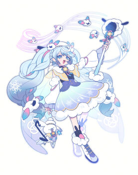  1girl :d absurdres black_socks blue_hair blue_skirt blue_vest boots capelet commentary double-parted_bangs full_body fur-trimmed_boots fur_trim hair_between_eyes hatsune_miku highres holding holding_wand long_hair long_sleeves musical_staff open_mouth rabbit rabbit_yukine seiko-jl simple_background skirt smile socks solo standing twintails untranslatable_commentary vest vocaloid wand white_background white_boots yellow_capelet yuki_miku 