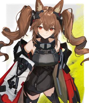  1girl absurdres angelina_(arknights) animal_ear_fluff animal_ears arknights arknights:_endfield bare_shoulders black_thighhighs breasts brown_hair coat commentary_request dress ema_(kuguiema) fox_ears fox_girl gilberta_(arknights) grey_dress hair_between_eyes headpiece high_collar highres impossible_clothes impossible_dress long_hair long_sleeves looking_at_viewer medium_breasts off_shoulder open_clothes open_coat red_coat red_eyes short_dress sleeveless sleeveless_dress solo thighhighs twintails zettai_ryouiki 