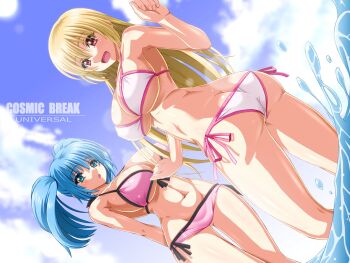  2girls :o alternate_costume ass bikini blonde_hair blue_eyes blue_hair breasts butt_crack cloud copyright_name cosmic_break crimrose highres kumashiro_izuta large_breasts lily_rain long_hair looking_at_viewer multiple_girls open_mouth outdoors red_eyes sky smile swimsuit twintails water  rating:Sensitive score:2 user:danbooru
