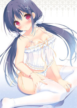 1girl :o babydoll bad_id bad_pixiv_id black_hair blush bracelet breasts cleavage cropped female_focus frills front-tie_top gradient_background hair_ornament jewelry lingerie long_hair looking_at_viewer low_twintails medium_breasts open_mouth original pan_(mimi) panties parted_lips red_eyes see-through_clothes shiny_skin side-tie_panties simple_background sitting solo thighhighs twintails underwear very_long_hair white_panties white_thighhighs x_hair_ornament yokozuwari rating:Questionable score:35 user:danbooru