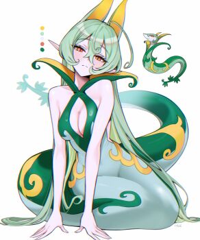  1girl absurdres ahoge animal_ears artist_name bare_arms bare_shoulders breasts cleavage closed_mouth double-parted_bangs extra_ears full_body gen_5_pokemon green_hair hair_between_eyes half-closed_eyes haze_(7h4ze) highres large_breasts looking_at_viewer mermaid monster_girl nintendo orange_eyes original personification pointy_ears pokemon reference_inset serperior simple_background sleeveless solo white_background 