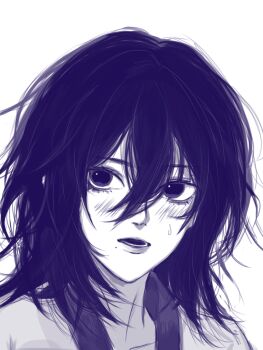  1girl blush collarbone hair_between_eyes highres jiuwen_siming kyomoto_(look_back) look_back_(manga) looking_at_viewer lower_teeth_only medium_hair messy_hair mole mole_under_eye monochrome open_mouth portrait simple_background solo sweat teeth 