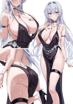  1girl adjusting_footwear arm_strap ass backless_dress backless_outfit bare_back bare_shoulders black_choker black_dress black_footwear black_nails blue_eyes blush bracelet breasts butt_crack choker closed_mouth collarbone commentary_request dress earrings evening_gown fingernails gluteal_fold hair_intakes hand_on_own_chest high_heels highres huge_breasts jewelry long_hair multiple_views nail_polish necklace no_panties original parted_lips pelvic_curtain sg_(satoumogumogu) shion_alfine_(satoumogumogu) simple_background smile thigh_strap very_long_hair white_background white_hair  rating:Questionable score:30 user:danbooru