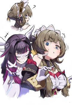  2girls ? absurdres bare_shoulders black_bow black_collar black_hair blue_eyes bow breasts brown_hair cheek_poking choker closed_eyes closed_mouth collar columbina_(genshin_impact) commentary cropped_torso detached_collar detached_sleeves eye_mask genshin_impact hair_bow hair_ornament headdress highres kraken_bio mask medium_breasts multicolored_hair multiple_girls poking purple_hair ribbon ribbon_choker sandrone_(genshin_impact) simple_background smile two-tone_hair white_background white_headdress white_ribbon wing_hair_ornament x_hair_ornament 