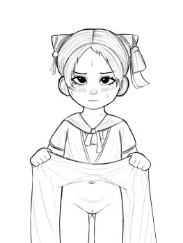  1girl 2025 absurdres blush butt_fangs clothes_lift cowboy_shot dress dress_lift female_focus greyscale hair_horns hair_ribbon highres lifting_own_clothes loli looking_at_viewer monochrome navel pussy ribbon ruby_(where_winds_meet) simple_background sketch solo standing stomach sweat thighs vikingdoggo where_winds_meet white_background 