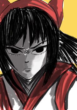 1girl ainu_clothes black_eyes black_hair hair_ribbon long_hair looking_at_viewer nakoruru ribbon samurai_spirits serious shaded_face snk solo the_king_of_fighters traditional_media