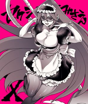  1girl apron arms_up black_dress breasts choker cleavage crayon_shin-chan cross cross_choker dress facing_viewer frilled_apron frilled_dress frilled_pantyhose frills hair_between_eyes highres large_breasts long_hair maid maid_apron nohara_misae pantyhose pink_background sexy_misae_x short_sleeves solo sunglasses takatsuki_ichi tinted_eyewear very_long_hair white_apron 