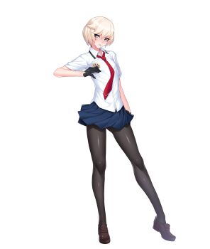  1boy absurdres ban!_(bansankan) black_gloves blonde_hair blue_eyes blue_skirt crossdressing crossdressing_(mtf) gloves highres homare_nao male_focus necktie pantyhose pleated_skirt red_necktie school_uniform shirt short_hair short_sleeves simple_background skirt solo taimanin_(series) taimanin_rpgx trap white_background white_shirt wide_hips  rating:General score:51 user:danbooru