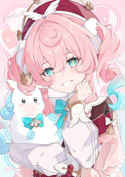  1girl absurdres aqua_eyes aqua_hair beret commentary_request creature dress drill_hair grin hair_between_eyes hand_up hat heart highres honkai:_star_rail honkai_(series) hyacine_(honkai:_star_rail) little_ica_(honkai:_star_rail) long_hair long_sleeves looking_at_viewer multicolored_hair nya_inuha pink_background pink_hair puffy_long_sleeves puffy_sleeves red_dress red_hat smile solo teeth twin_drills two-tone_hair upper_body white_sleeves yellow_pupils 