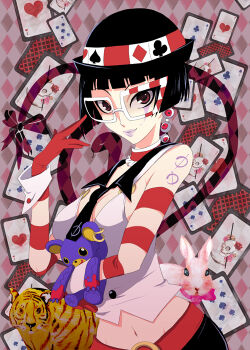  1girl ace_(playing_card) ace_of_hearts aikawa_ruru argyle_background arm_tattoo black_hair black_hat black_necktie blunt_bangs bob_cut bowler_hat breasts brown_eyes card cleavage closed_mouth club_(shape) collared_shirt commentary_request diamond_(shape) facial_mark five_of_spades glasses gloves hat heart holding holding_stuffed_toy kriem lips mad_bear_(tiger_&amp;_bunny) midriff navel necktie pale_skin playing_card rabbit red_gloves shirt short_hair smile solo spade_(shape) stuffed_animal stuffed_toy tattoo teddy_bear three_of_clubs tiger tiger_&amp;_bunny white-framed_eyewear white_shirt 