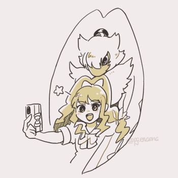  1boy 1girl body_fur cellphone commentary_request cropped_torso digimon digimon_(creature) digimon_ghost_game floppy_ears furry furry_male holding holding_phone long_hair looking_at_another neck_fur pg_enaena phone rabbit_boy selfie smartphone symbareangoramon tied_ears tsukiyono_ruli upper_body 