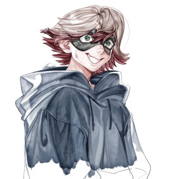  1boy asagichi commentary cropped_torso english_commentary eye_mask fu_orostor gachiakuta grin highres hood hood_down hoodie male_focus mask multicolored_hair short_hair signature simple_background smile solo sweatdrop two-tone_hair white_background 