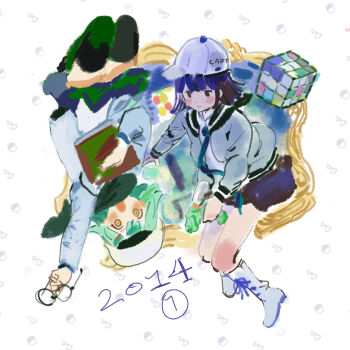  2014 2girls aqua_hair baseball_cap black-framed_eyewear black_hair black_sailor_collar black_skirt blue_jacket blunt_bangs blunt_ends blush_stickers book boots bow character_request chinese_commentary closed_mouth clothes_writing commentary_request copyright_request dot_nose full_body glasses green_bow green_skirt grey_jacket happy hat highres holding holding_book holding_removed_eyewear holding_water_gun jacket lace-up_boots light_smile long_sleeves medium_hair miniskirt multiple_girls nengo open_clothes open_jacket painting_(object) picture_frame pleated_skirt round_eyewear rubik's_cube sailor_collar school_uniform serafuku shirt skirt surprised tareme unworn_eyewear upside-down water_gun white_boots white_hat white_shirt yellow_eyes 